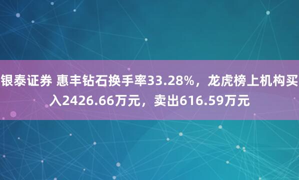 银泰证券 惠丰钻石换手率33.28%，龙虎榜上机构买入2426.66万元，卖出616.59万元